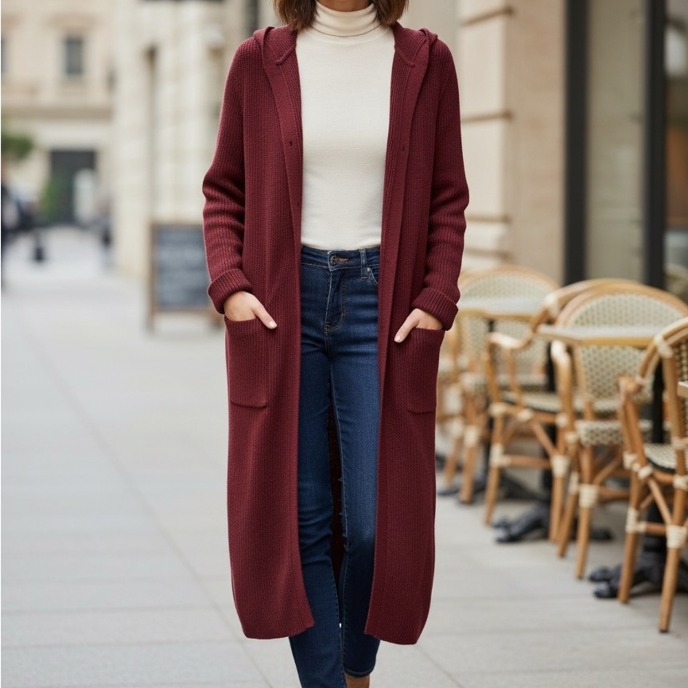 Moussy Maroon Hooded Button up Long Cardigan